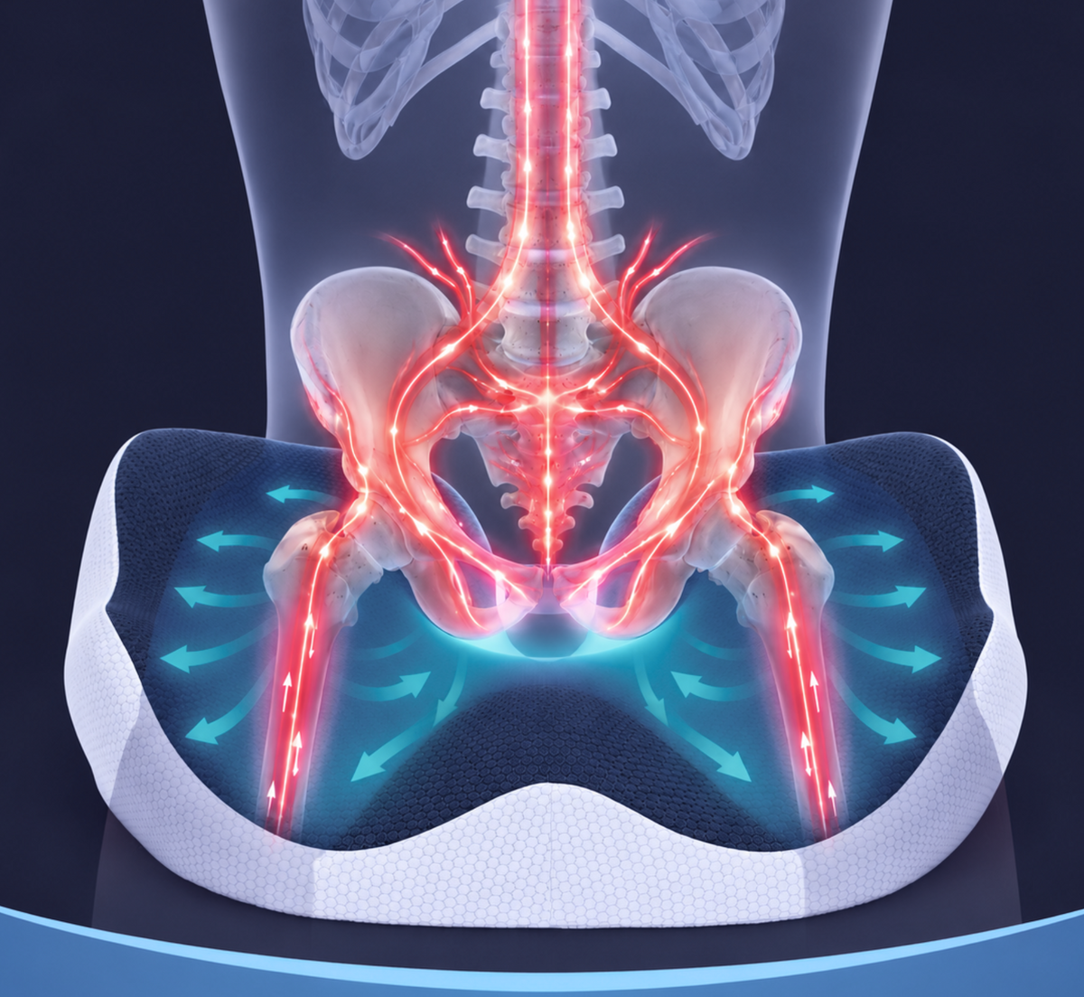An anatomical illustration of the pelvic area showing highlighted blood vessels and airflow arrows over a cushioned seat pad, with text at the bottom reading 'More Bloodflow = Less Hemorrhoid Discomfort' on a dark blue background.